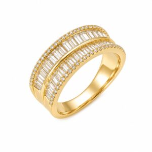 A gold ring featuring clear rectangular and round stones.