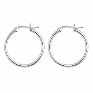 A pair of thin silver hoop earrings showing a latch closure.