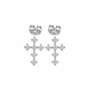 A pair of silver stud earrings shaped like crosses, set with clear stones, with butterfly backs.