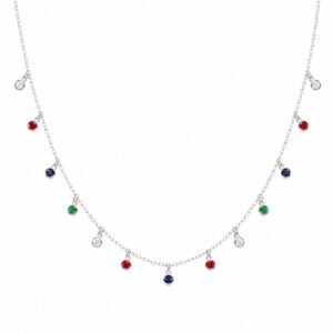 silver chain necklace featuring evenly spaced small dangling multi-colored stones.