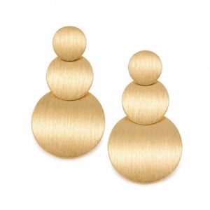 A pair of gold stud earrings featuring three stacked, textured circles.