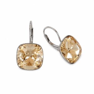 A pair of silver hook earrings featuring a square, champagne-coloured stone.
