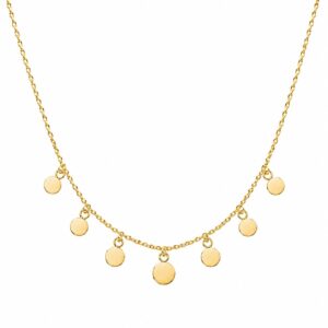 gold chain necklace featuring several evenly spaced, tiny, smooth round gold discs dangling as charms.