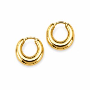 A pair of thick gold hoop earrings showing a hinge closure.