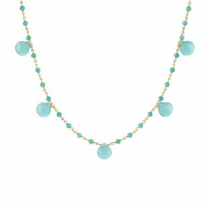 gold chain necklace featuring evenly spaced small turquoise beads along the chain and larger dangling turquoise teardrop beads.