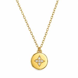 gold chain necklace featuring a round coin pendant with a star design.