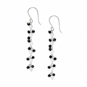 A pair of silver dangle earrings featuring clustered drops of black and white beads.
