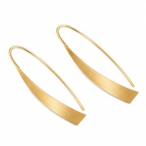 A pair of gold hook earrings featuring a flat, elongated curved shape.