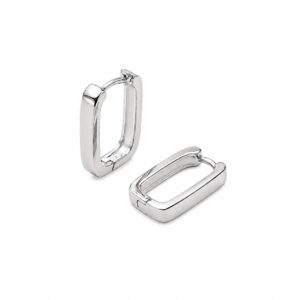 A pair of silver rectangular hoop earrings showing a hinge closure.