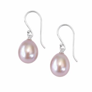 A pair of silver hook earrings featuring a pink pearl.