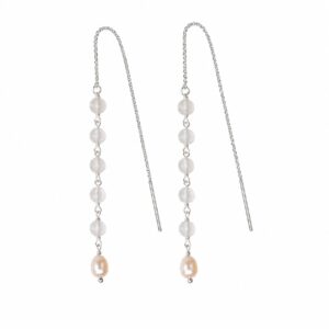 A pair of silver threader earrings featuring small white beads.