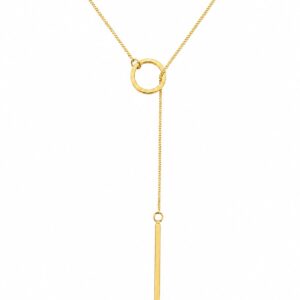 A delicate gold lariat necklace featuring a simple open circle and a vertical drop chain.
