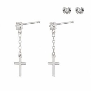 Silver drop stud earrings with a chain accent and a cross at the bottom of the chain