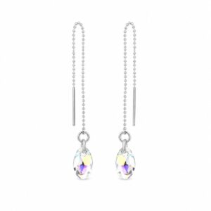 A pair of silver threader earrings with a dangling clear, teardrop-shaped stone.
