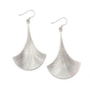 A pair of silver hook earrings featuring a textured, fan-like shape.
