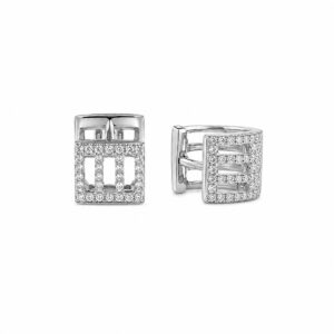Silver square CZ huggie earrings with geometric openwork design