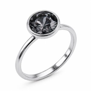 silver ring featuring a large, round dark silver night Swarovski crystal
