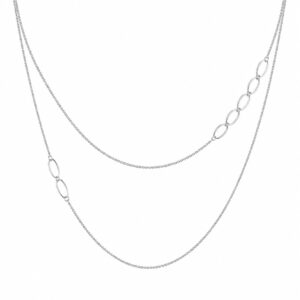 silver layered chain necklace featuring an asymmetrical section of connected small open oval links.