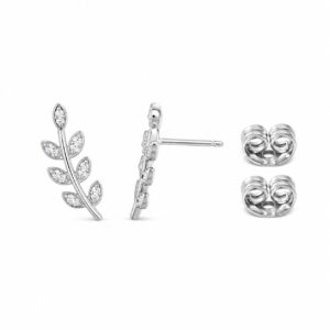 A pair of silver stud earrings featuring a stylized curved leaf design