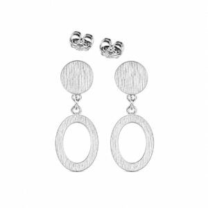 A pair of silver drop earrings featuring a circular disc top and an open-hoop dangle