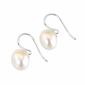 A pair of silver hook earrings featuring a white pearl.