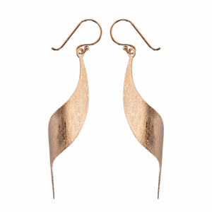 A pair of gold hook earrings featuring a long, twisted ribbon design with a brushed, textured finish.