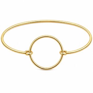 A thin gold bangle featuring a central circle design.