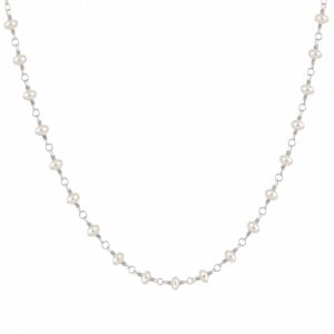 A silver chain necklace featuring evenly spaced pearls
