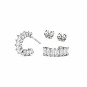A pair of silver hoop earrings featuring clear stones, showing stud posts and butterfly backs.