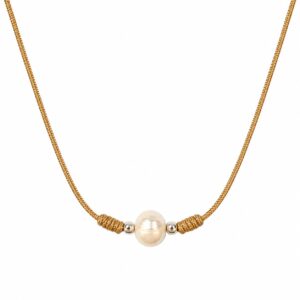 Golden Caramel Silk Rope necklace featuring a single round white freshwater pearl at the centre.