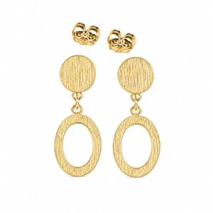 A pair of gold drop earrings featuring a circular disc top and an open-hoop dangle.