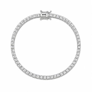 silver tennis bracelet featuring a continuous row of clear stones and a box clasp.