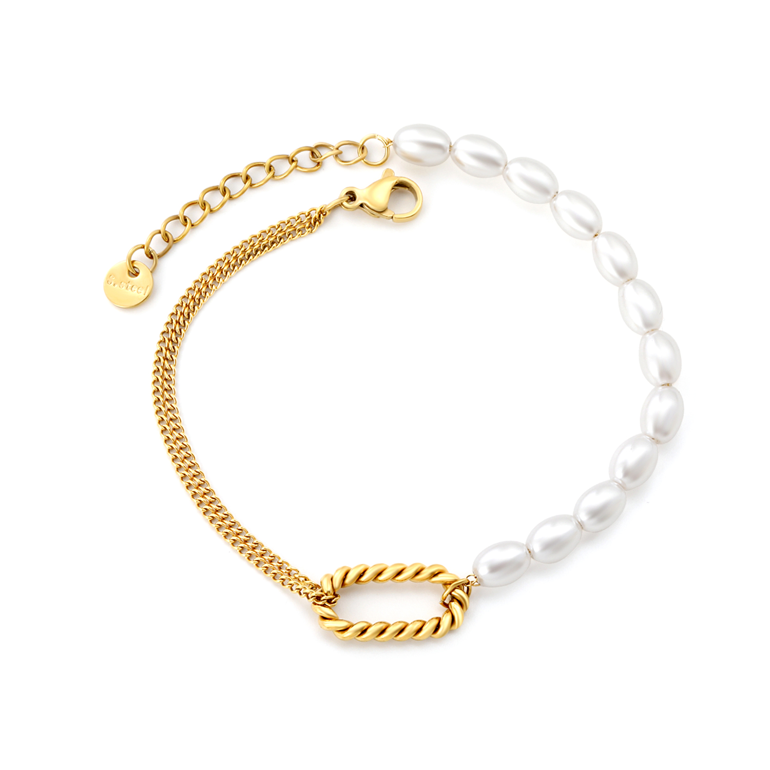 Pearls & Double Chain Bracelet A bracelet featuring a half-gold chain and half-pearl design, equipped with a lobster claw clasp and an adjustable extender chain.