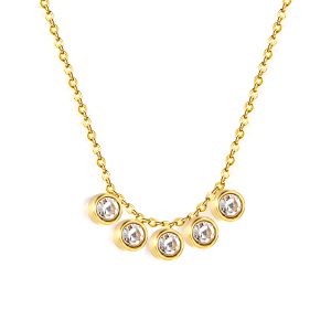 gold chain necklace featuring a central curved row of five round clear stones