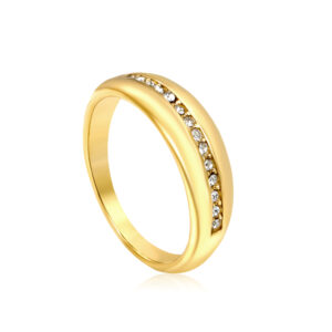 gold band ring featuring a rounded profile and a central channel set with a row of small clear stones.