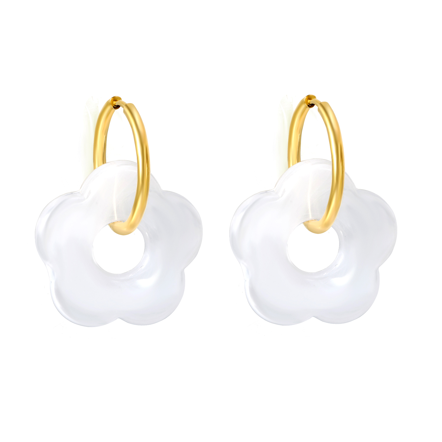 Daisy Sleeper Earrings A pair of gold hoop earrings with dangling, white, flower-shaped charms.