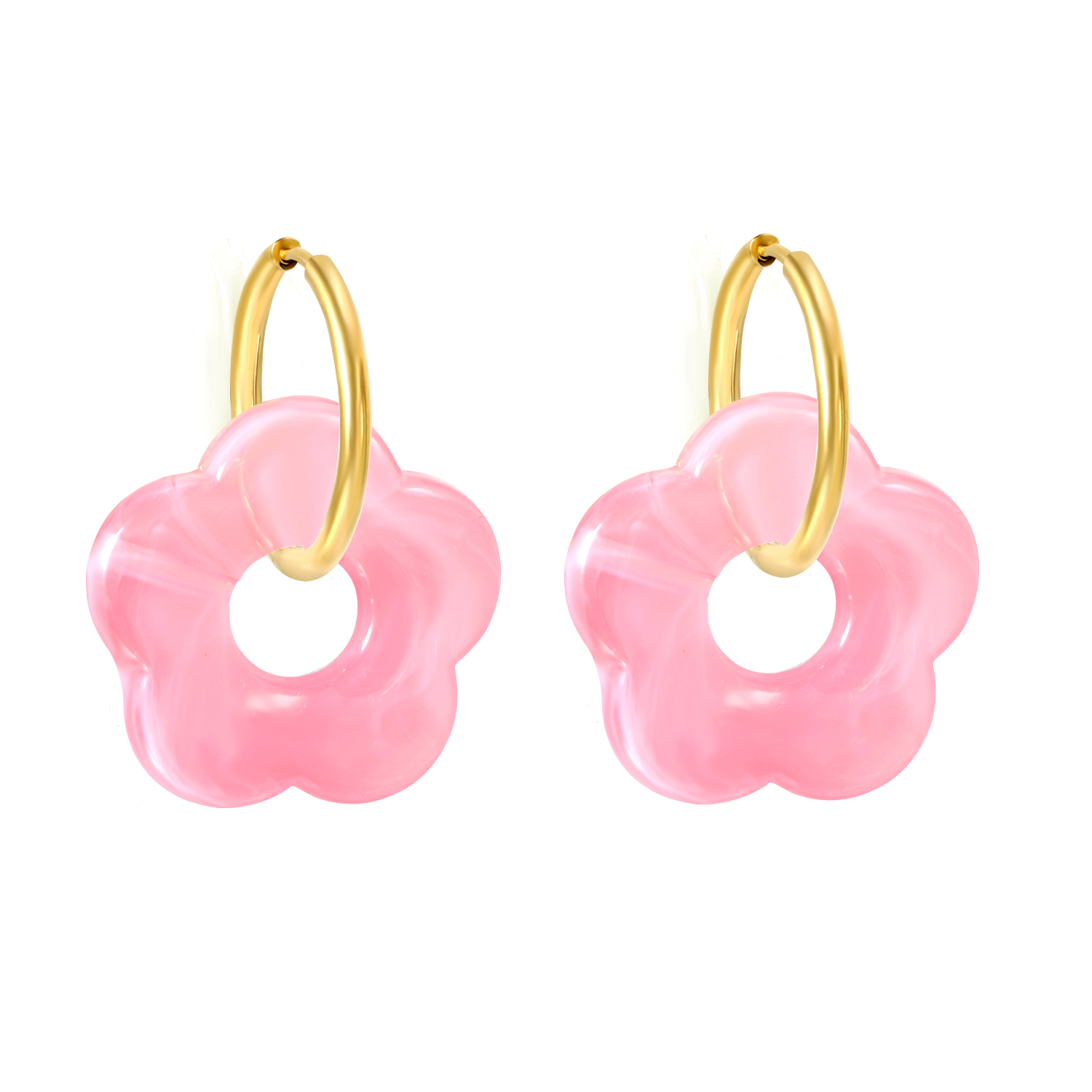 Daisy Sleeper Earrings A pair of gold hoop earrings with dangling, pink, flower-shaped charms.