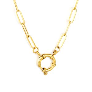 gold chain necklace featuring elongated paperclip-style links and a large, textured round front clasp.