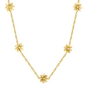 gold chain necklace featuring evenly spaced gold flower charms.