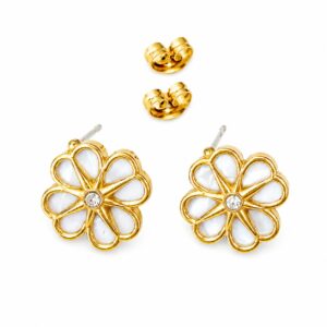 gold stud earrings featuring a delicate, open-petal floral design with a small clear stone at the centre.
