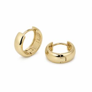 A pair of gold hoop earrings showing a hinge closure.