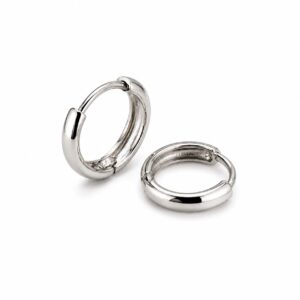 A pair of thick silver hoop earrings showing a hinge closure.