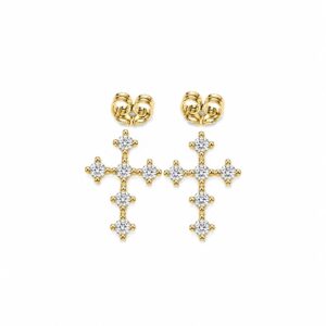 A pair of gold stud earrings shaped like crosses, set with clear stones, with butterfly backs.