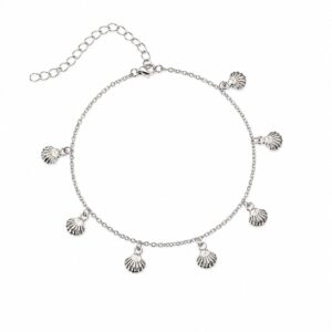 Silver chain bracelet featuring evenly spaced small shells dangling and an adjustable clasp.