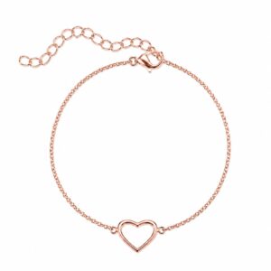 rose gold chain bracelet with heart charm featuring an adjustable clasp.