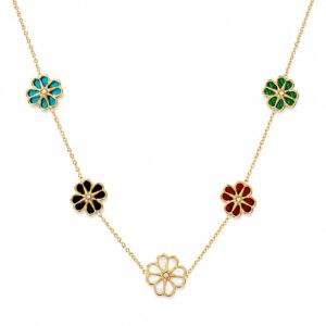 gold chain necklace featuring evenly spaced, small, colourful flower charms