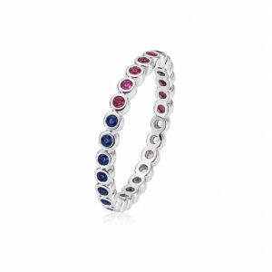 Silver eternity ring with bezel-set pink and blue round CZ stones