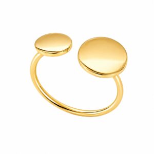 An open gold ring featuring two flat round circles.