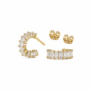 A pair of gold hoop earrings featuring clear stones, showing stud posts and butterfly backs.