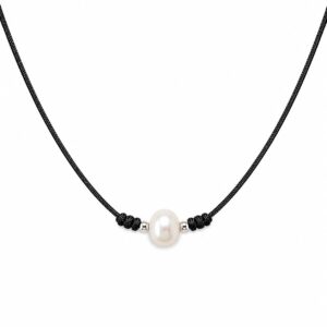 Black Silk Rope necklace featuring a central freshwater pearl next to small silver beads and decorative wrapped knot details.